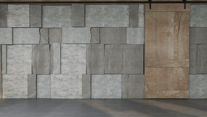 The moderrn loft empty living room and white and wooden wall background. 3d rendering