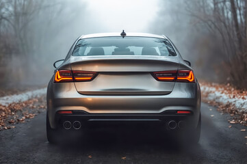Sleek silver car parked on foggy road surrounded by autumn leaves in forest setting