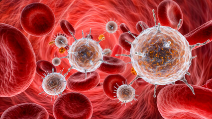 Visual representation of immune cells interacting with pathogens in human blood