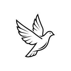A graceful dove in flight, depicted with simple, elegant black lines on a clean white background, representing peace, hope, and freedom, isolated on white background