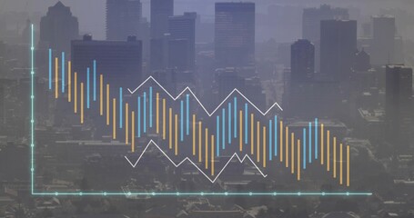 Displaying data overlay across city skyline, with teal axes, blue orange bars and zigzag trend line