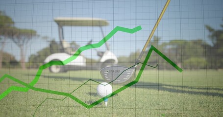 Golf club head sitting behind ball on teeing ground, with grid overlay and white golf cart