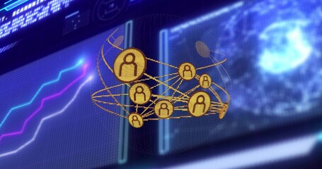 Floating network of golden avatars with lines in panels showing multicolor graph and glowing globe