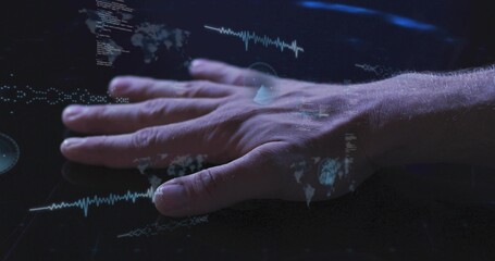 Hovering adult male hand scanning holographic surface at lab, with world map and waveform graphs