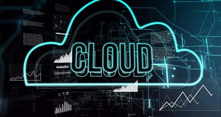 Displaying neon cyan cloud with CLOUD showing data flow in digital interface, with charts and code