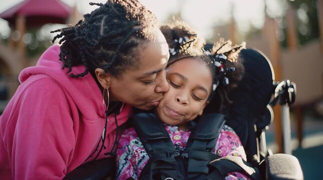 Happy candid mixed race mother and disabled child in a wheelchair spending time together in a park playground. Supportive inclusive family with handicapped children. Inclusion & diversity