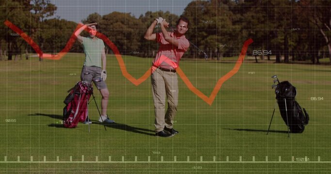 Swinging mature male golfer hitting golf ball past two golf bags on fairway, with analytics overlay