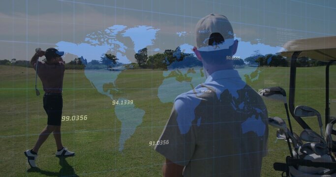 Swinging golfer in burgundy on fairway, with club, golf bag cart and map overlay, copy space