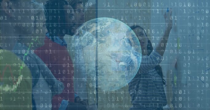 Collaborating team writing on glass whiteboard during meeting, with blue marker and data overlays