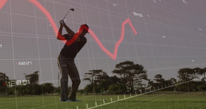 Swinging club, golfer wearing golf attire on fairway with golf ball and gridded graph overlay - Powered by Adobe