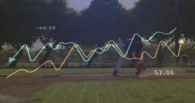 Infielder in blue jersey scooping ball on infield dirt, grid overlay and numeric waveform lines