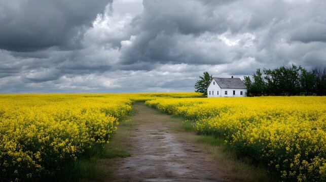 A solitary white farmhouse sits amidst a vibrant yellow canola field under a dramatic cloudy sky with a dirt path leading towards it - Powered by Adobe