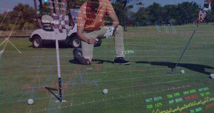 Kneeling man aligning golf ball near flagstick on putting green, with stock market charts overlay