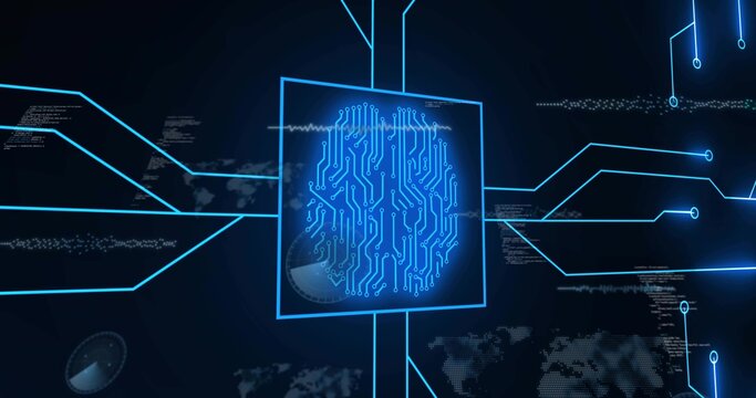 Showing fingerprint glowing in square frame on digital UI, with network nodes, map outlines, code