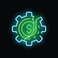 Neon sign showing a dollar coin breaking inside a gear, as a metaphor for financial issues