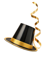 Fototapeta premium Festive black top hat with gold ribbon and streamer for classic celebration party. Elegant, formal, and fun accessory for New Year