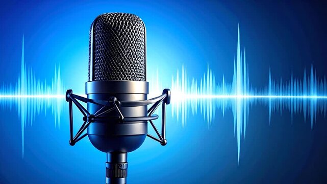 Studio microphone with audio waves on a blue gradient. Close-up studio recording technology
