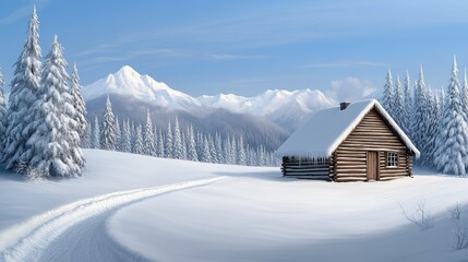 A winter wonderland with a cozy log cabin nestled among snow-covered trees and a serene landscape beneath a clear sky
