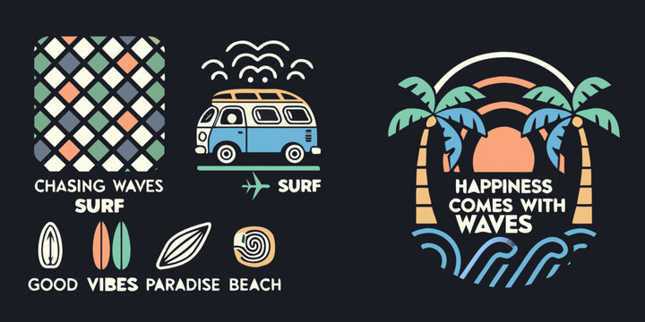 Retro surf van and palm trees with inspirational quotes for a beach lifestyle and good vibes