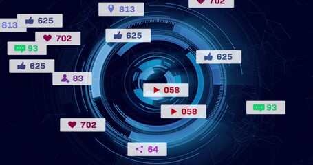 Blue circular digital interface glowing in network backdrop, with social media notification icons