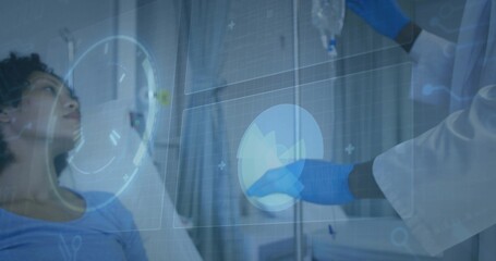 Lying patient watching gloved doctor adjusting IV beside hospital bed with holograms, copy space