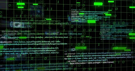 Streaming green binary digits across dark grid lines with white code snippets and rectangular bars