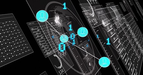 Displaying main panel presenting world map and cyan nodes in network dashboard, with translucent UI
