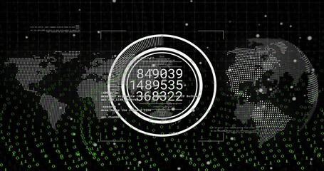 Displaying central HUD circles showing numeric values on screen, dotted world map, binary code