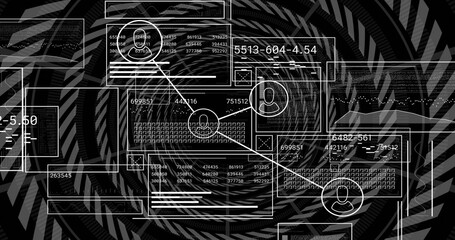 Displaying data interface panel on spiral background, showing codes, keyboard grid, node icons