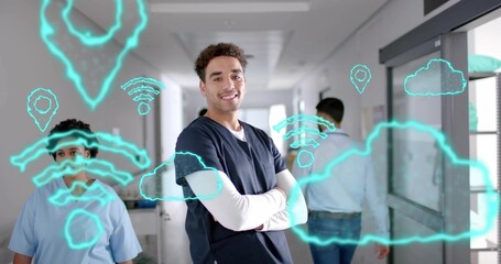 Standing nurse in dark blue scrubs crossing arms in hospital corridor, with neon Wi-Fi, cloud icons