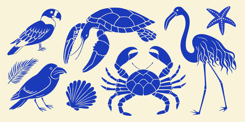 Collection of blue silhouette tropical animals and sea creatures on a cream background