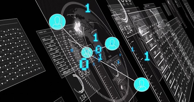 Displaying main panel presenting world map and cyan nodes in network dashboard, with translucent UI - Powered by Adobe