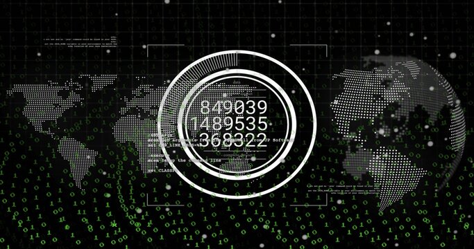 Displaying central HUD circles showing numeric values on screen, dotted world map, binary code