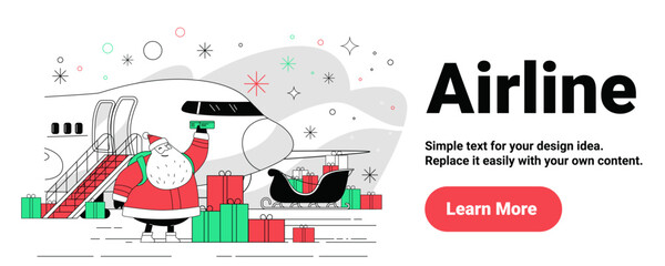 Santa airline Christmas travel concept airplane gifts sleigh festive winter scene red green decorations modern web banner
