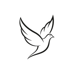 A minimalist black and white line drawing of a dove in flight, isolated on white background