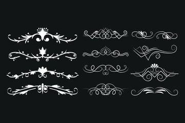 Gold text dividers doodle set. Wedding decorative elements. Divider ornament, borders, floral, vintage line separators. Hand drawn vector illustration isolated on white background. Set page dividers.