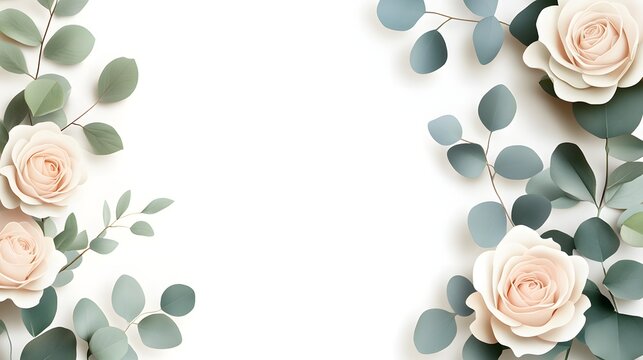 Soft pink roses and muted green foliage create a delicate floral border design on a white background