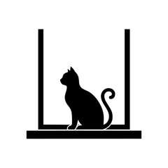 Black cat silhouette sitting on a window sill