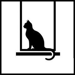 Elegant black cat silhouette sitting calmly on a window ledge