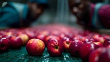 Workers meticulously sort an abundant harvest of ripe red s moving on a conveyor belt in an industrial food processing facility