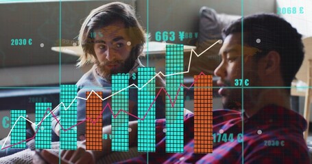 Leaning two men analyzing in lounge area, with bar graphs line plots dotted grid and currencies