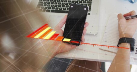 Interacting woman checking smartphone and writing on notepad at desk, with AR bar chart overlay