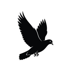 Black silhouette of a dove bird in flight, isolated on white background