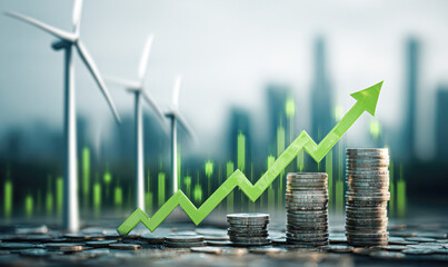 A visually striking image depicting a financial growth trend with coins and wind turbines, symbolizing the intersection of finance and renewable energy.