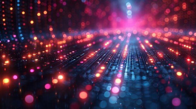 Illuminated array of glowing lights with a bokeh effect in a vibrant color scheme