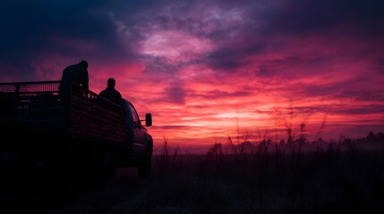 Fototapeta premium Silhouetted figures stand in a truck against a vibrant red and purple sunset sky