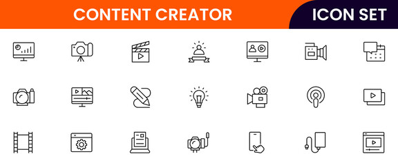 Content creator vector web line icon collection, sleek illustrations of cameras, pens, laptops, creative tools for vibrant, innovative designs.