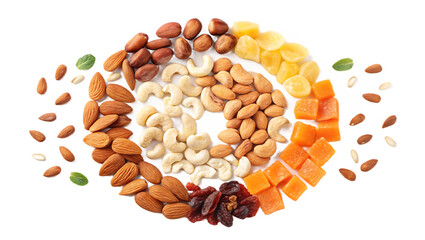 Eye shape made of mixed nuts and dried fruits healthy snack concept isolated on white background