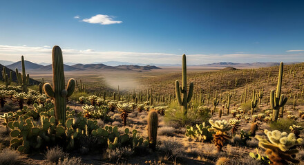 A wide shot of a desert landscape filled with cacti under a bright blue sky with a single cloud ai generated