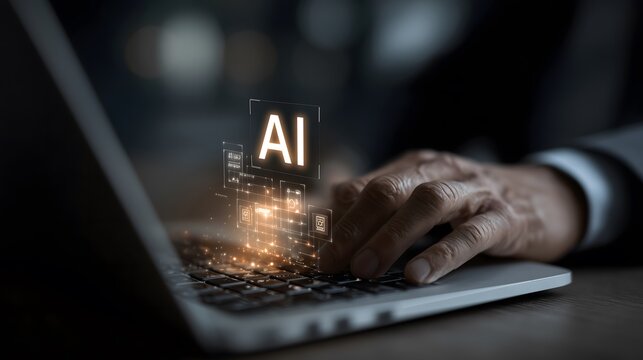 A person's hand typing on a laptop keyboard with a glowing AI hologram above it, symbolizing artificial intelligence integration.